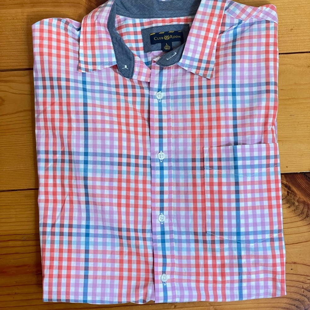 Club Room Short Sleeve Men Large Button Up Shirt Multicolor Tattersal NWT Beach